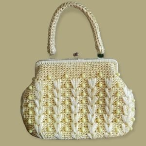 Vintage Mid Century Bradlees Yellow Straw Beaded Bag Made in Japan